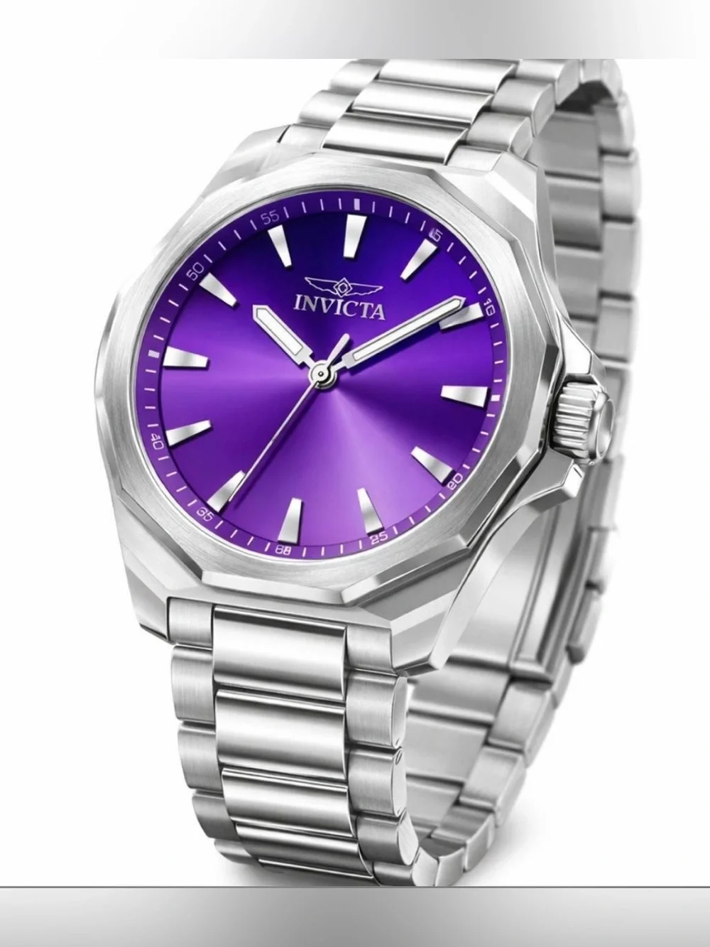 Invicta Silver Stainless Steel Watch with Purple Dial